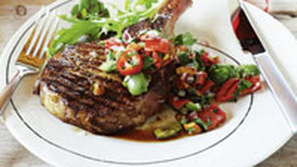 Rib steaks with capsicum and almond salsa