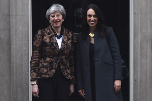 British Prime Minister Theresa May (left) greets New Zealand's Prime Minister Jacinda Ardern outside 10 Downing Street in central London.