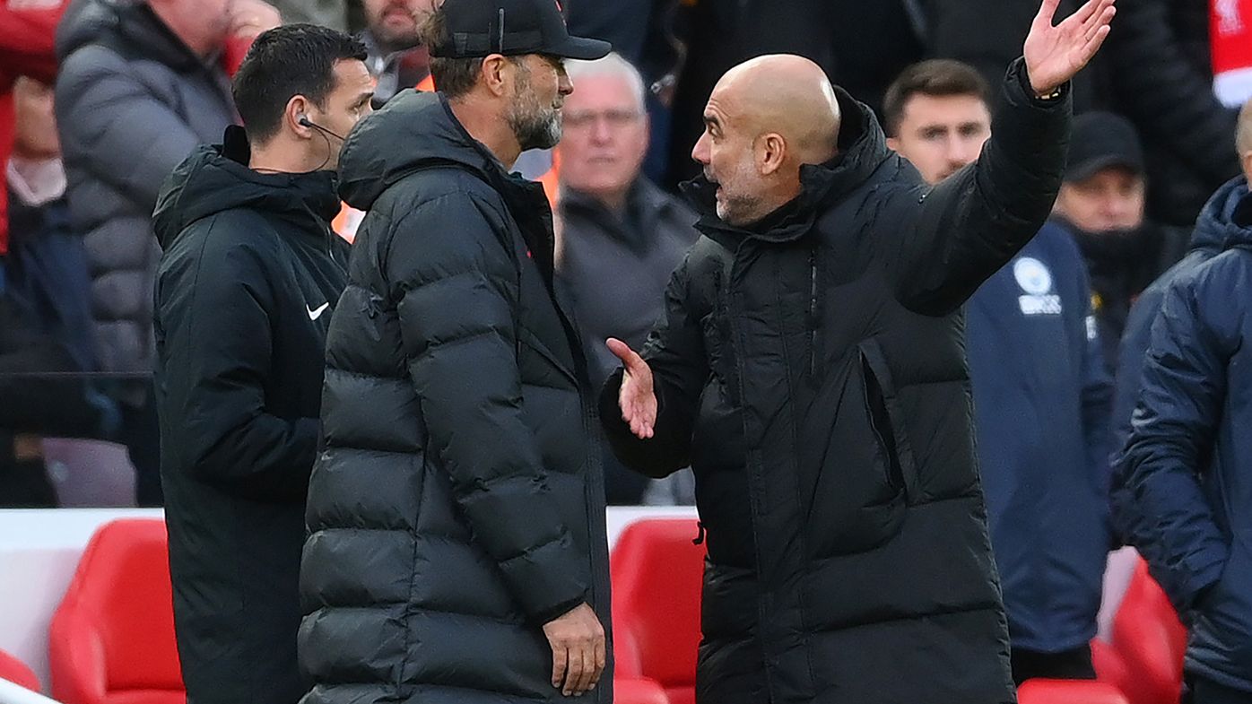 Jurgen Klopp and Pep Guardiola exchange words during Liverpool&#x27;s match with Man City.