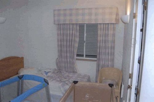 A police photograph showing the crime scene of Madeleine McCann's bedroom, including the bedroom window. The cots of Madeleine's younger brother and sister are also visible.