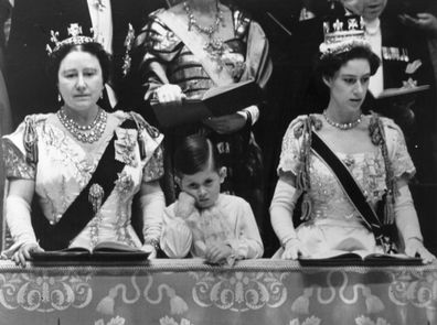 Queen Elizabeth, the Queen Mother, Prince Charles and Princess Margaret in the royal box at Westminster Abbey watching the Coronation ceremony of Queen Elizabeth II.  