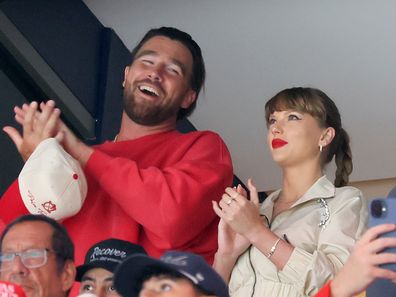 SUNRISE, FLORIDA - JUNE 12: Travis Kelce, left, and Taylor Swift react as the Edmonton Oilers and the Florida Panthers play during the first period in Game Four of the 2025 Stanley Cup Final at Amerant Bank Arena on June 12, 2025 in Sunrise, Florida. (Photo by Bruce Bennett/Getty Images)