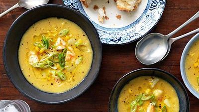 This decadent <a href="http://kitchen.nine.com.au/2016/05/16/12/03/velveted-prawns-with-sweetcorn-soup" target="_top">velveted prawns with sweetcorn soup</a>  recipe is designed to be served hot, but cooled it's perfect for a hot evening. Make it in advance and then serve it at room temperature with the finishing drizzle of oil.