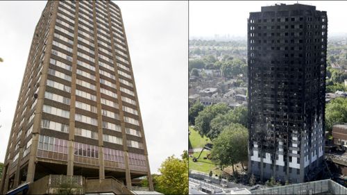 Grenfell Tower before and after the blaze.