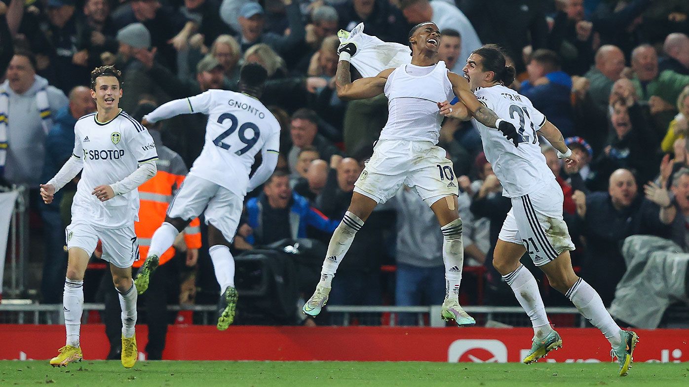 Crysencio Summerville celebrates his 89th minute winner at Anfield