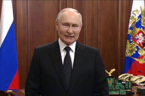 In this handout photo taken from video released by Russian Presidential Press Service, Russian President Vladimir Putin addresses the nation in Moscow, Russia, Saturday, June 24, 2023. Putin addressed the nation after mercenary chief Yeveny Prigozhin called for armed rebellion after reaching Rostov-on-Don, a Russian city, home to the Russian military headquarters that oversees the fighting in Ukraine. (Russian Presidential Press Service via AP)