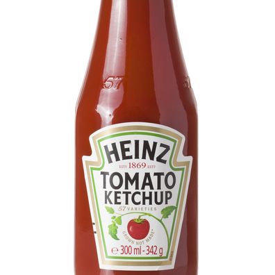 Heinz tomato sauce bottle feature '57' on the neck.