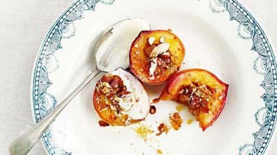 Click through for our&nbsp;<a href="http://kitchen.nine.com.au/2016/05/16/13/41/honeybaked-peaches-with-almond-praline-and-mascarpone" target="_top">Honey-baked peaches with almond praline and mascarpone</a>&nbsp;recipe