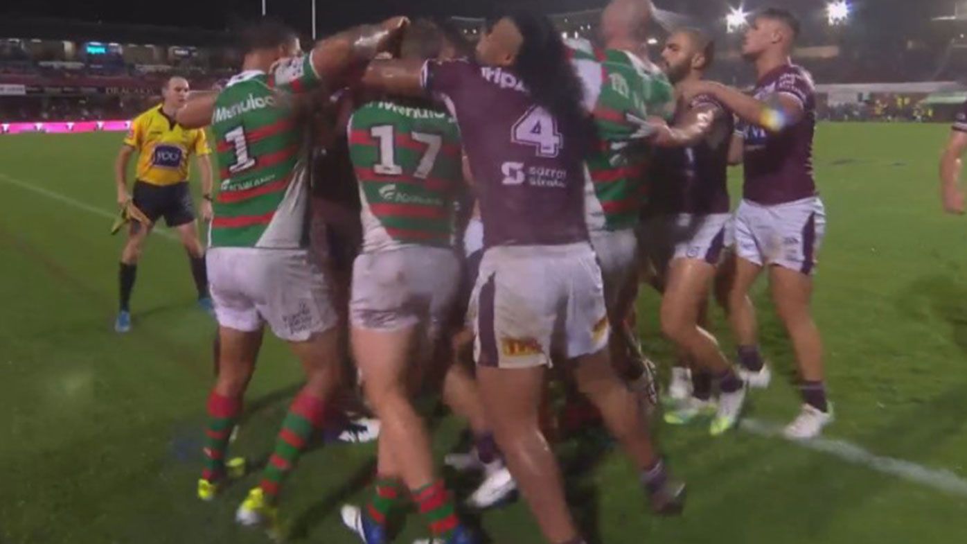 Manly and Souths players push and shove in the final minute of their match at Brookvale Oval.