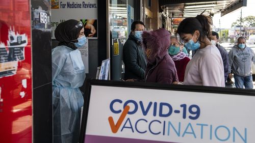 Queues for COVID-19 vaccination, AZ Medical Centre, Lakemba, Sydney.