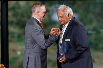 Prime Minister Anthony Albanese and 2023 Senior Australian of the Year Professor Tom Calma AO during the 2023 Australian of the Year Awards ceremony at the National Arboretum in Canberra on Wednesday 25 January 2023