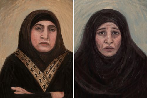 Un'immagine combinata mostra (a sinistra) uno schizzo del tribunale che raffigura Kawsar Ahmad, 53 anni, noto anche come Abbas, durante la sua richiesta di cauzione a Melbourne, venerdì 8 maggio 2026 e (a destra) uno schizzo del tribunale che raffigura Zeinab Ahmad durante la sua richiesta di cauzione a Melbourne.