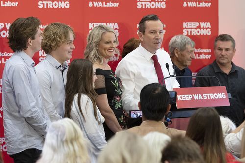 After a landslide victory, re-elected Premier of WA Mark McGowan makes a speech with his family by his side at the Gary Holland Community Centre.