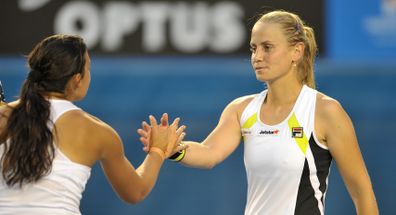 Jelena Dokic after  her loss to Marion Bartoli   on Rod Laver Arena tonight, Melbourne. Thursday 19th January 2012 Photo: Pat Scala, The Age