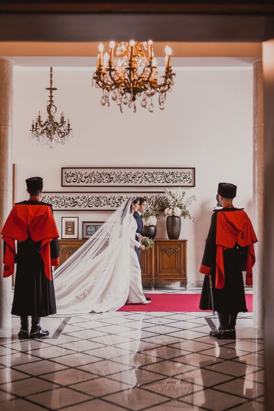 Rajwa Al-Saif arrives at the Zahran Palace with her brother-in-law Prince Hashem for her royal wedding to Crown Prince Hussein of Jordan on Thursday June 1, 2023.
