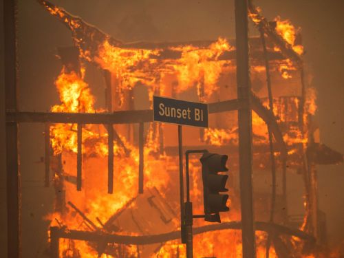 LOS ANGELES, CALIFORNIA - JANUARY 8: Flames from the Palisades Fire burn a building on Sunset Boulevard amid a powerful windstorm on January 8, 2025 in the Pacific Palisades neighborhood of Los Angeles, California. Fueled by intense Santa Ana Winds, the Palisades Fire has grown to over 15,000 acres and 30,000 people have been ordered to evacuate while a second major fire continues to burn near Eaton Canyon in Altadena. (Photo by Apu Gomes/Getty Images)