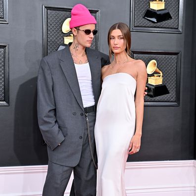 Justin Bieber and Hailey Bieber attend the 64th Annual GRAMMY Awards at MGM Grand Garden Arena on April 03, 2022 in Las Vegas, Nevada. 