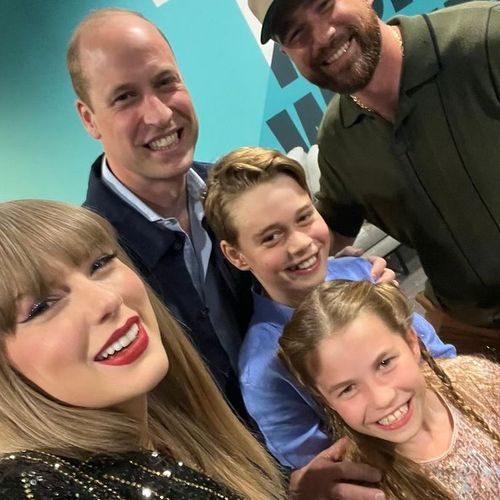 Taylor Swift and Travis Kelce take a selfie with Prince William, Prince George and Princess Charlotte at Wembley Stadium, London