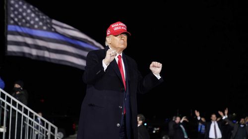 Donald Trump dances to the Village People song 'YMCA' at a rally in Janesville, Wisconsin.