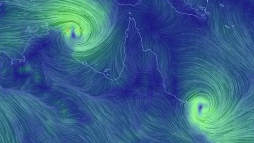 An Earth wind map showing Cyclones Lam and Marcia bearing down on the Northern Territory and Queensland respectively. (http://earth.nullschool.net/)