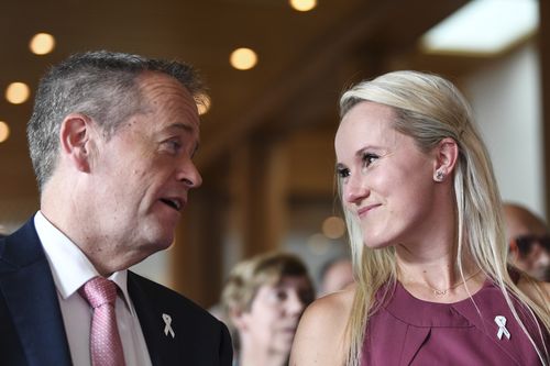 Angela Jay sitting with opposition leader Bill Shorten at Parliament House. Picture: AAP