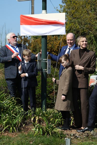 (L-R) Mayor Hervé Van Praag, Prince Jacques of Monaco, Prince Albert II of Monaco, Princess Charlene of Monaco and Princess Gabriella of Monaco 
