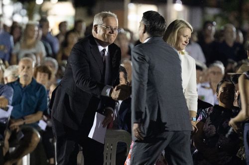 Prime Minister Scott Morrison and Deputy Labor leader Richard Marles during the ANZAC Day Dawn Service at the Darwin Cenotaph, in Darwin, NT, on Monday 25 April 2022. fedpol Photo: Alex Ellinghausen