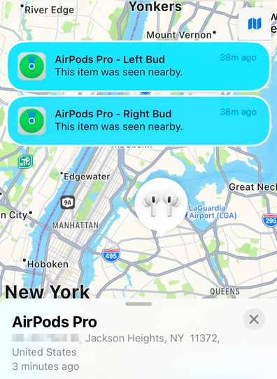 Missing AirPods in NYC using the Find My app.