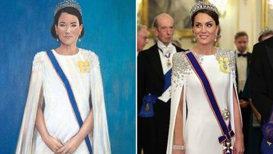 A new portrait of the Princess of Wales on the cover of Tatler magazine (left) Princess of Wales at South Korea State Banquet at Buckingham Palace (right)