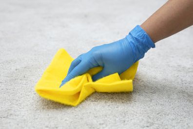 Woman with blue gloves cleans the carpet