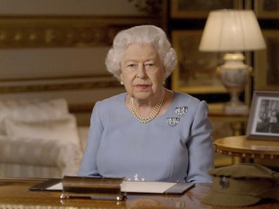 Queen Elizabeth II during her address to the nation and the Commonwealth on the 75th anniversary of VE Day. 