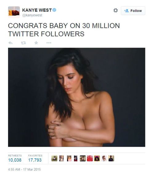 Kanye West congratulates Kim Kardashian on Twitter. (supplied)
