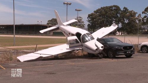 It is understood the plane was airborne for about four minutes when it lost power﻿, skidded for several metres, lost part of its wing and slammed into a parked Mazda.