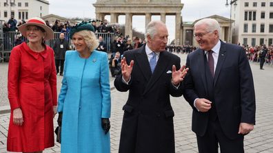 (L-R) The German President's wife Elke Buedenbender, Britain's Camilla, Queen Consort, Britain's King Charles III and German President Frank-Walter Steinmeier attend a ceremonial welcome at Brandenburg Gate on March 29, 2023 in Berlin, Germany.