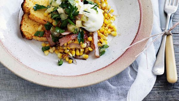 Poached egg with cornbread, corn and bacon hash and green tomato relish