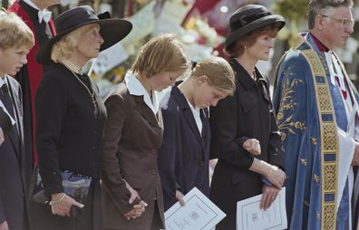 Princess Diana's mother Frances Shand Kydd, Eleanor Fellowes, Laura Fellowes, and Diana's sister Lady Sarah McCorquodale attending the Princess's funeral.