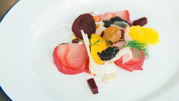 Beetroot cured kingfish with citrus and fennel salad, avruga roe and horseradish cream. Photography: Minhky Le