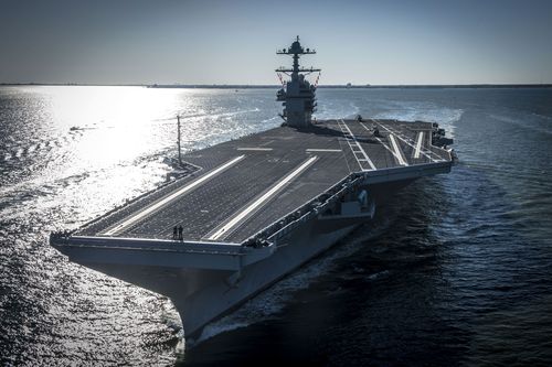 The future USS Gerald R. Ford (CVN 78) is seen underway on its own power for the first time on April 8, 2017