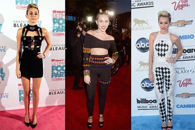 In keeping with the destruction of her Disney image, Miley Cyrus has been working all sorts of fashion-sins lately. Her bedazzled lycra pants and crop top outfit (middle) was perhaps only eclipsed by the teddy bear onesie she later showed off onstage at this year's VMAs.