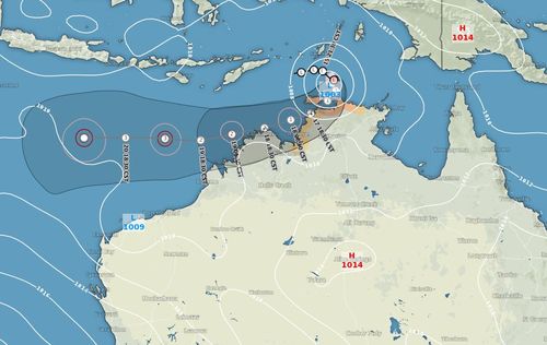 Another tropical cyclone is brewing over the Northern Territory, bringing with it about 120mm of rain on Saturday. Picture: Weatherzone.