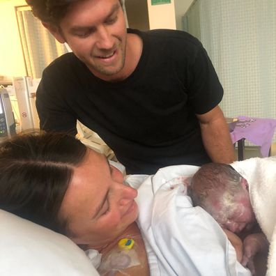 Tahnee Haynes with her husband and newborn son immediately after his birth.