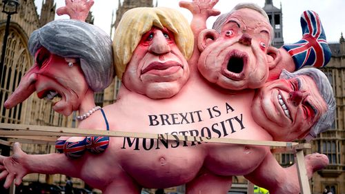 A sculpture by Anti-Brexit protesters outside the British Houses of Parliament in central London.