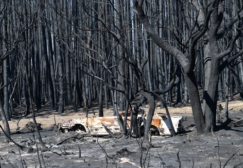 A burnt-out car on Kangaroo Island.