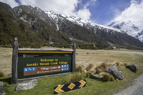 A sign at the entrance to Aoraki/Mt Cook National Park, in the South Island of New Zealand, Nov, 22, 2017. 