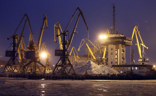 FILE - Harbor cranes are seen in Mariupol trade port in Mariupol, south coast of Azov sea, eastern Ukraine, Sunday, Dec. 2, 2018. 