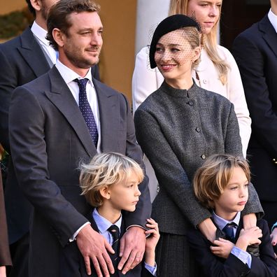 Pierre Casiraghi, Stefano Ercole Carlo Casiraghi, Beatrice Borromeo and Francesco Carlo Albert Casiraghi attend the Monaco National Day celebrations in the courtyard of the Monaco palace on November 19, 2024 in Monaco, Monaco. (Photo by Stephane Cardinale/PLS Pool/Getty Images)