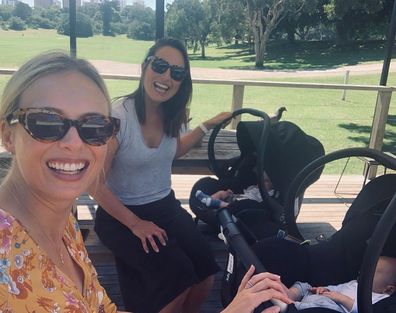 New mums Sylvia Jeffreys and Jayne Azzopardi pictured social distancing in the park together.