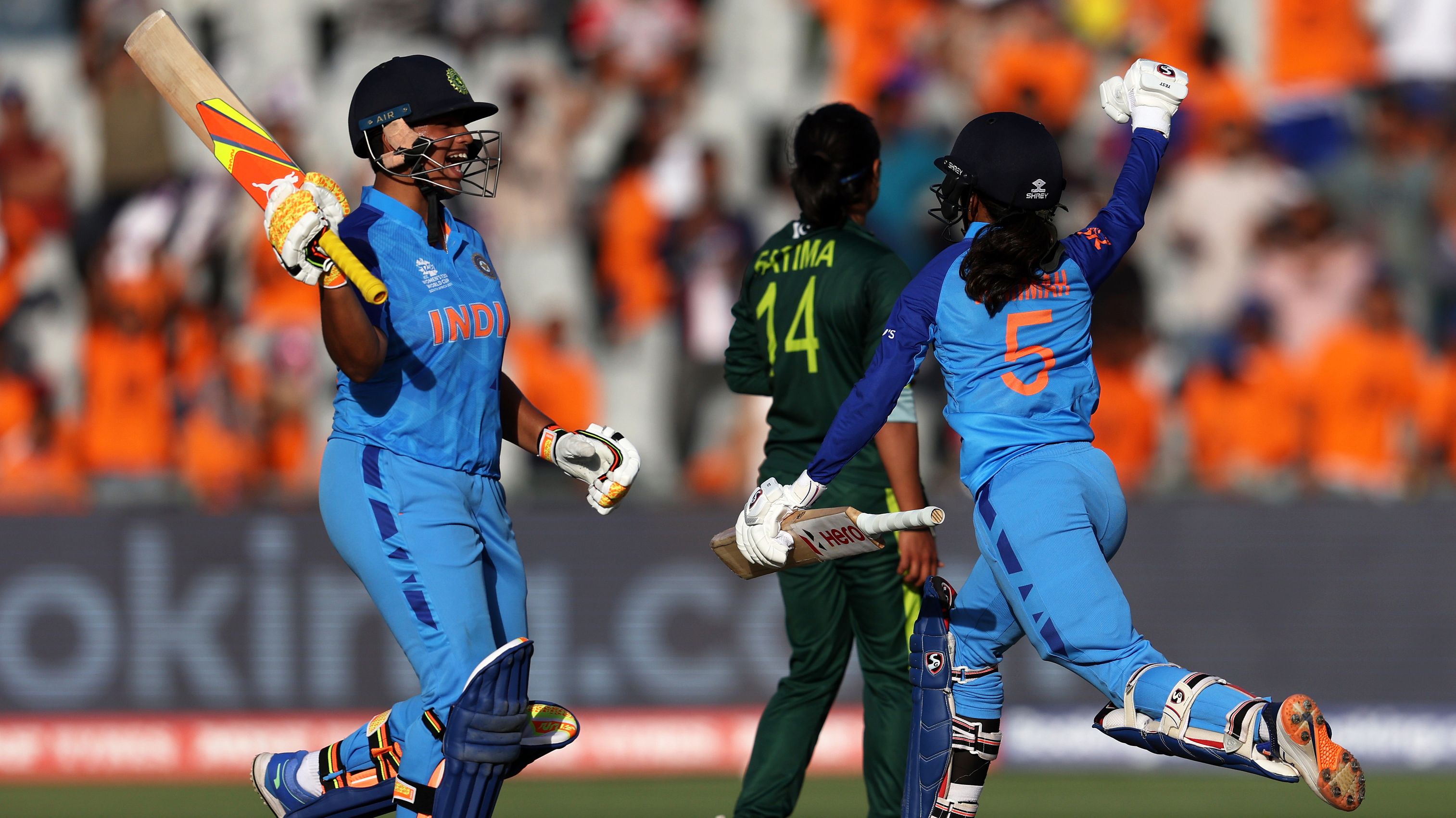 Jemimah Rodrigues and Richa Ghosh of India celebrate following the ICC Women&#x27;s T20 World Cup group B match between India and Pakistan.