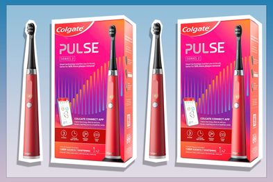 9PR: Colgate Pulse Connected Series 2 Deep Clean & Whitening Electric Toothbrush on blue background.