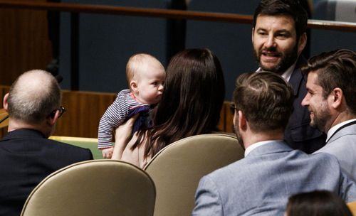 New mum Jacinda Arden appeared at the UN with her partner Clarke Gayford and their daughter Neve